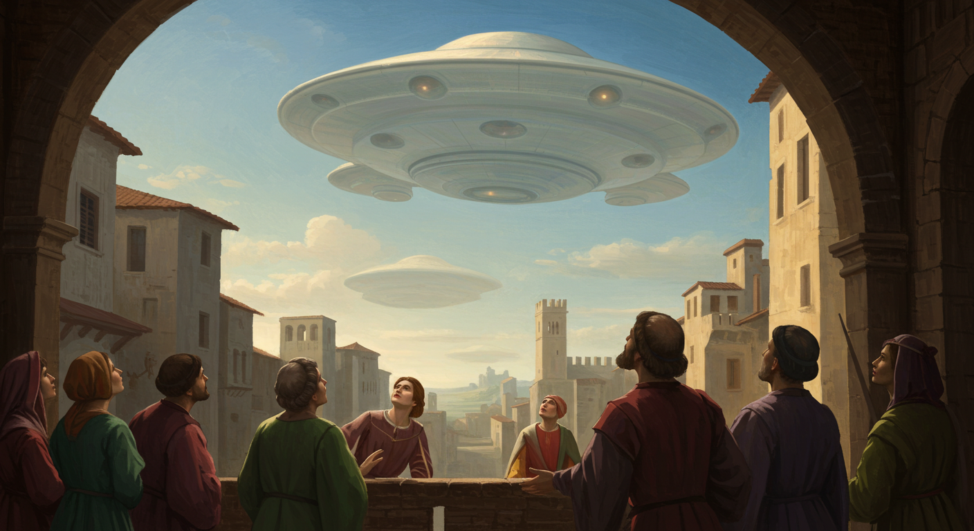 중세 회화 속 UFO? 서양 미술사에 숨겨진 미스터리 비행체 탐구 중세풍 도시 하늘에 떠 있는 대형 원반형 비행체를 올려다보는 사람들—서양 미술사 미스터리 비행체 논쟁과 도상해석 비교