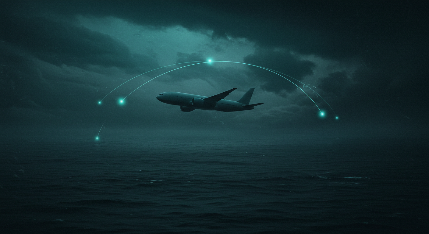 어두운 인도양 상공을 나는 여객기와 추적 궤적을 형상화한 장면 — MH370 실종, 말레이시아항공, 항공 미스터리