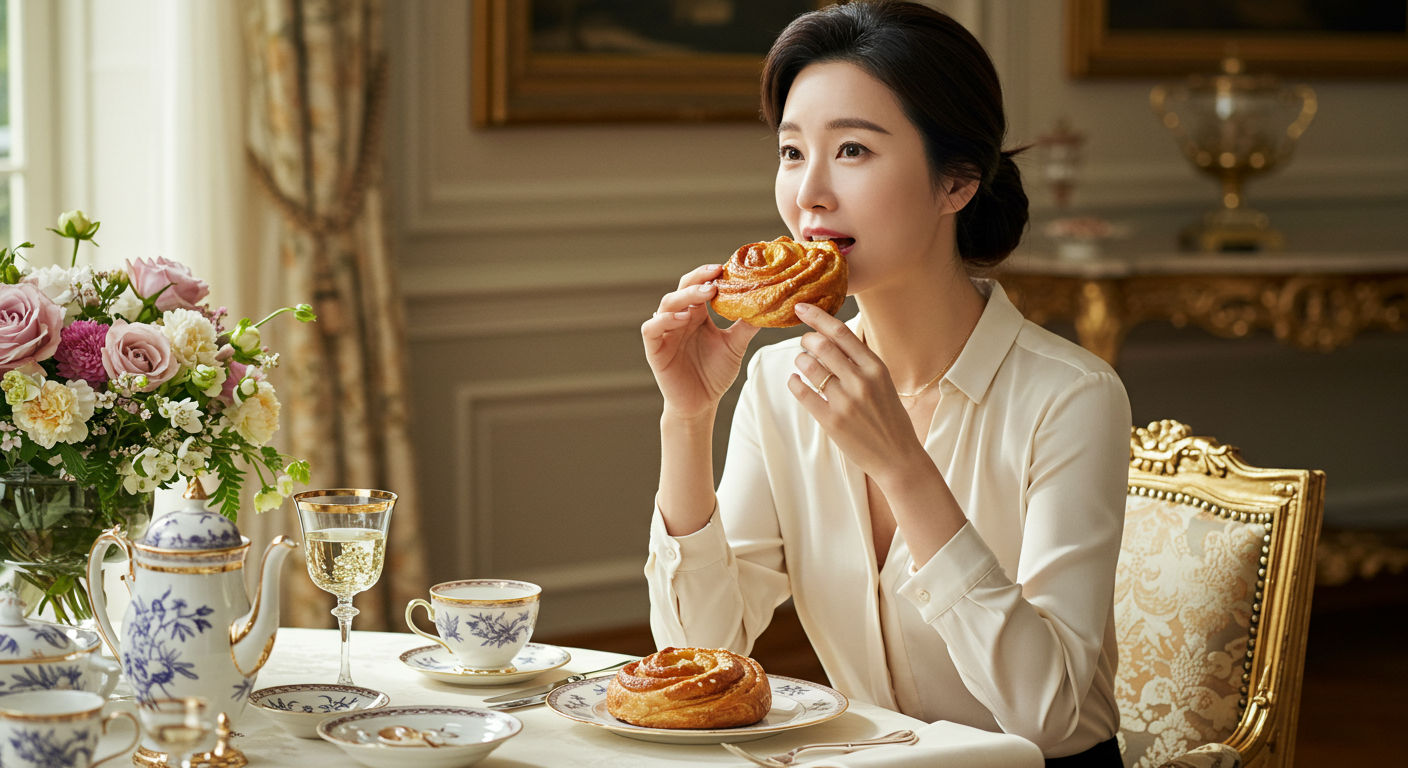 우아한 티세트가 놓인 테이블에서 브리오슈 페이스트리를 맛보는 인물 — 프랑스 왕실의 빵 브리오슈, 버터가 만든 황금빛 식감