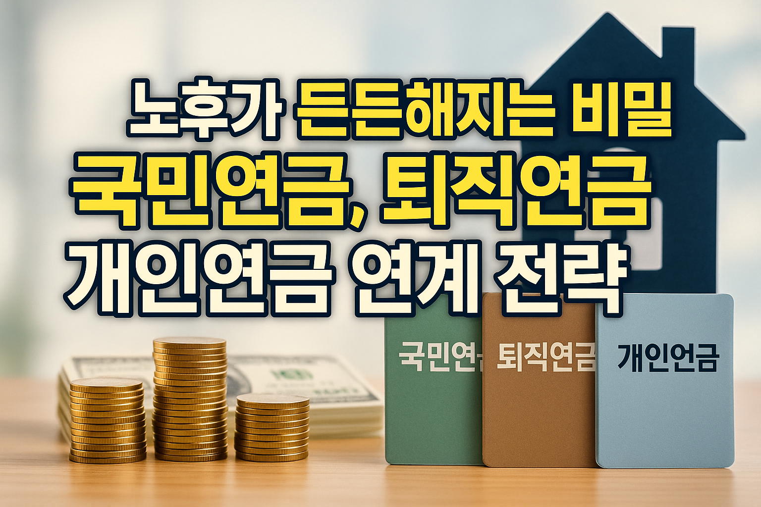대한민국 시니어의 노후 준비를 위해 국민연금·퇴직연금·개인연금 연계 전략을 설명하는 대표 이미지—집 모형과 동전 더미, ‘국민연금·퇴직연금·개인연금’ 카드