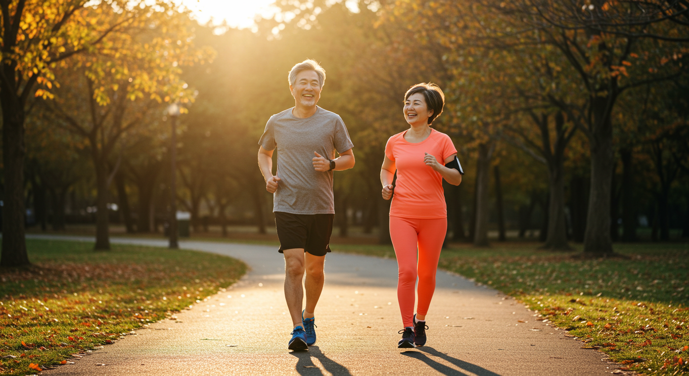 가을 공원에서 조깅하는 시니어 부부 모습—활동적인 노후와 국민연금·퇴직연금·개인연금 연계 전략으로 든든한 노후자금을 준비한다는 메시지