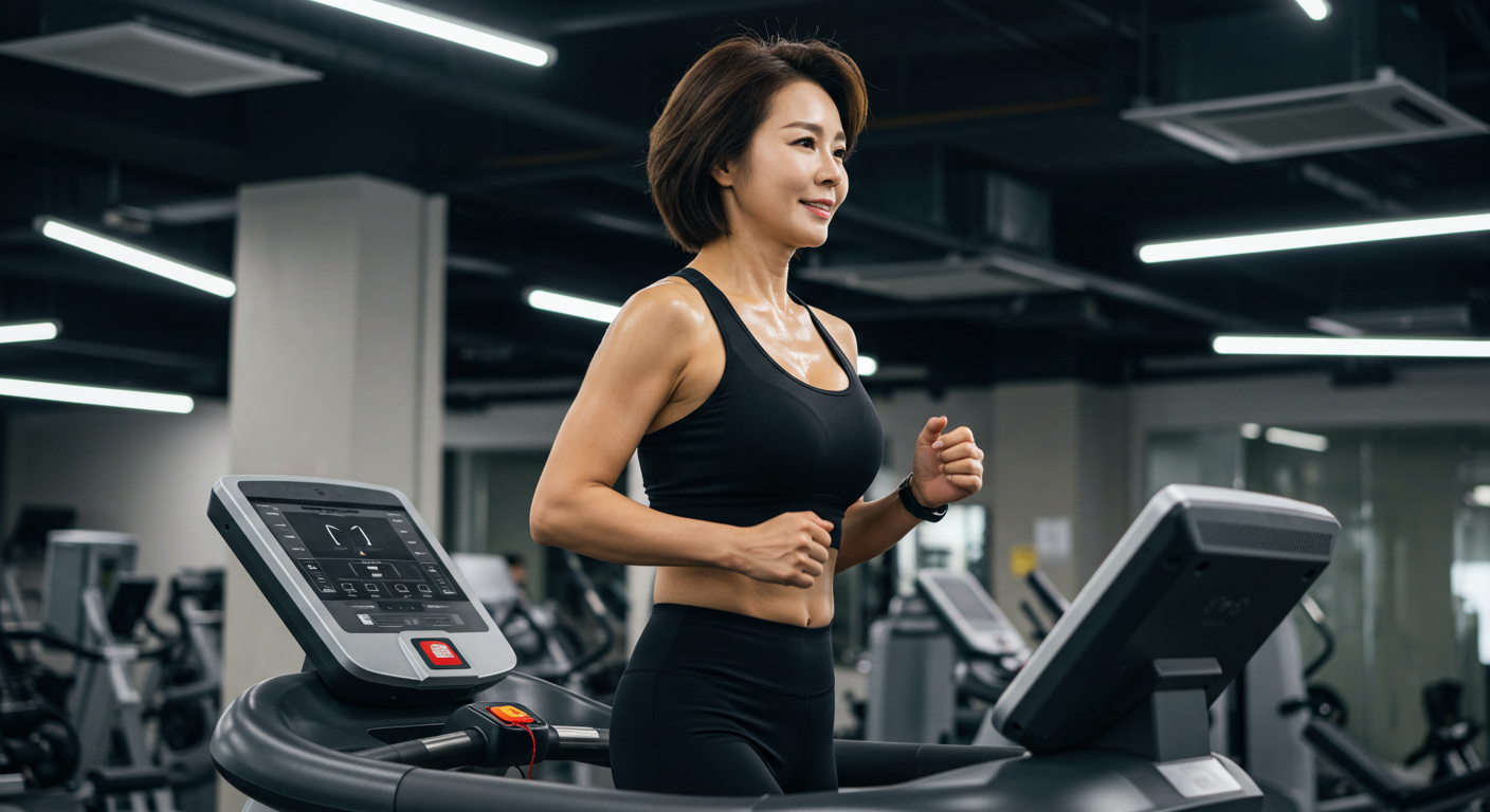 헬스장에서 러닝머신으로 달리는 중년 여성—규칙적인 운동으로 시니어 건강을 지키며 국민연금·퇴직연금·개인연금 연계 전략과 함께 든든한 노후자금을 준비한다는 메시지