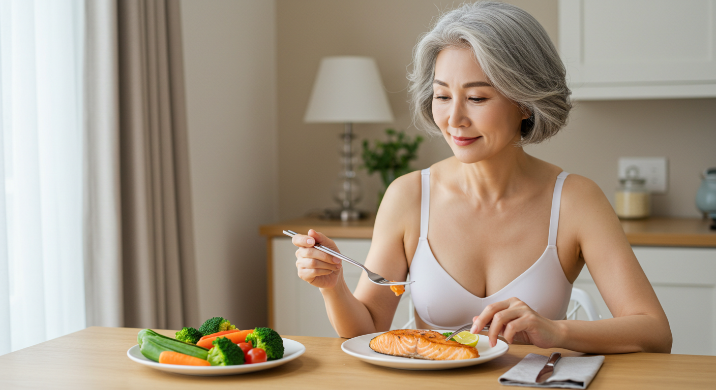 과학으로 증명된 장수 비결: 노화 막아주는 핵심 식품 5가지 총정리 실내 주방에서 시니어 여성이 연어와 레몬을 곁들인 접시를 먹는 모습, 옆 접시에는 브로콜리·당근 등 채소가 놓여 있음—장수 식단과 노화 방지 핵심 식품을 강조하는 대표 이미지