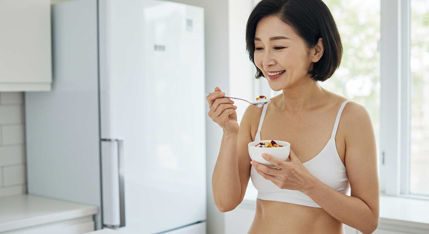 과학으로 증명된 장수 비결: 노화 막아주는 핵심 식품 5가지 총정리 아침 햇살이 드는 주방에서 시니어 여성이 귀리와 과일을 올린 요거트를 한 숟가락 떠먹는 모습—장수 식단 핵심 식품인 귀리의 식이섬유와 요거트의 프로바이오틱스를 활용한 건강한 아침 식사 이미지