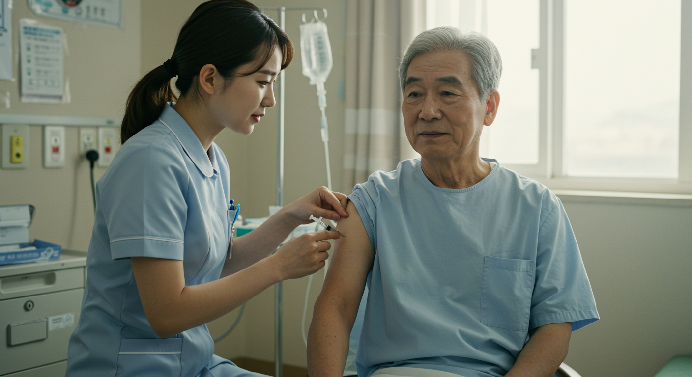 간호사가 65세 이상 어르신에게 독감 예방접종을 시행하는 장면—독감 무료접종 일정과 병원 방문 전 체크리스트 안내용 이미지