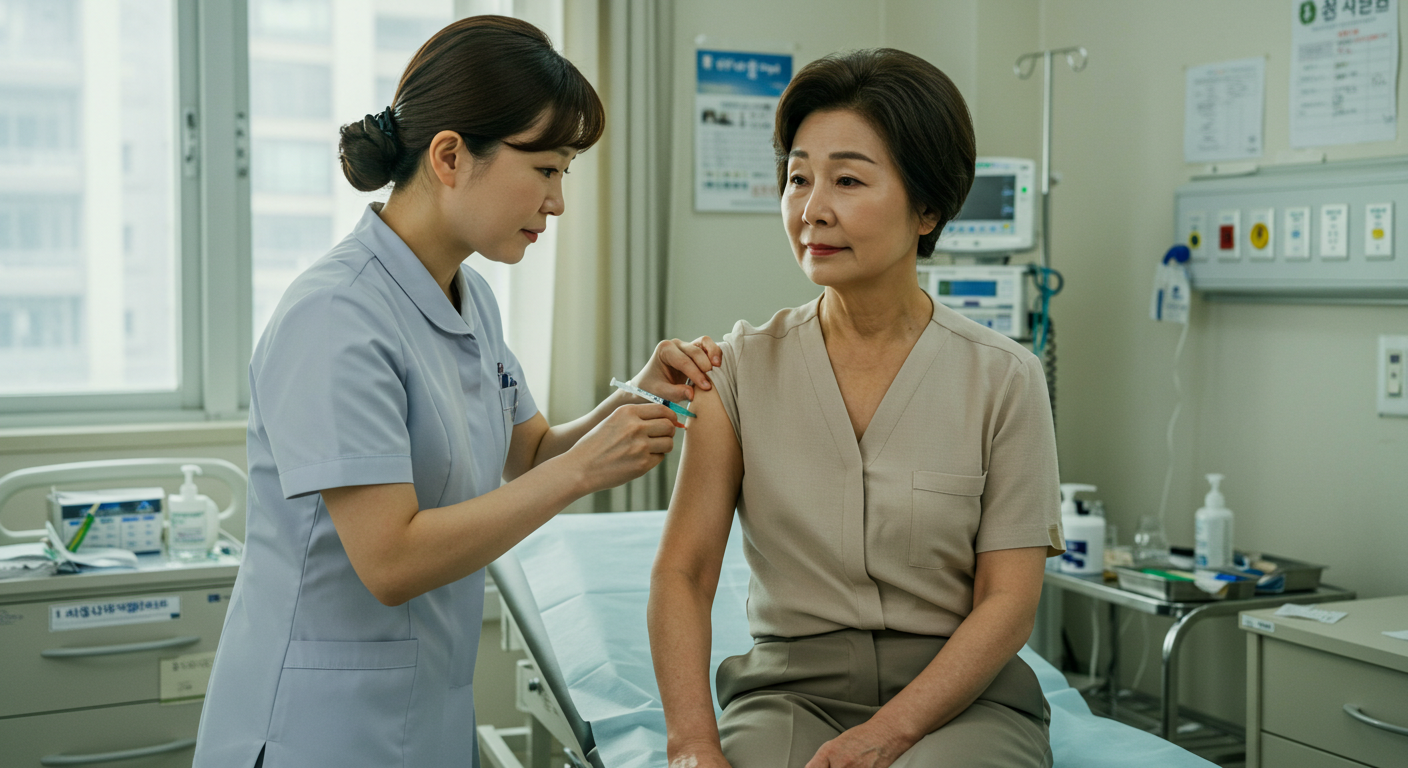 간호사가 65세 이상 여성에게 독감 무료 예방접종을 시행하는 장면—독감 무료접종 일정·대상과 병원 방문 전 체크리스트 안내용 이미지