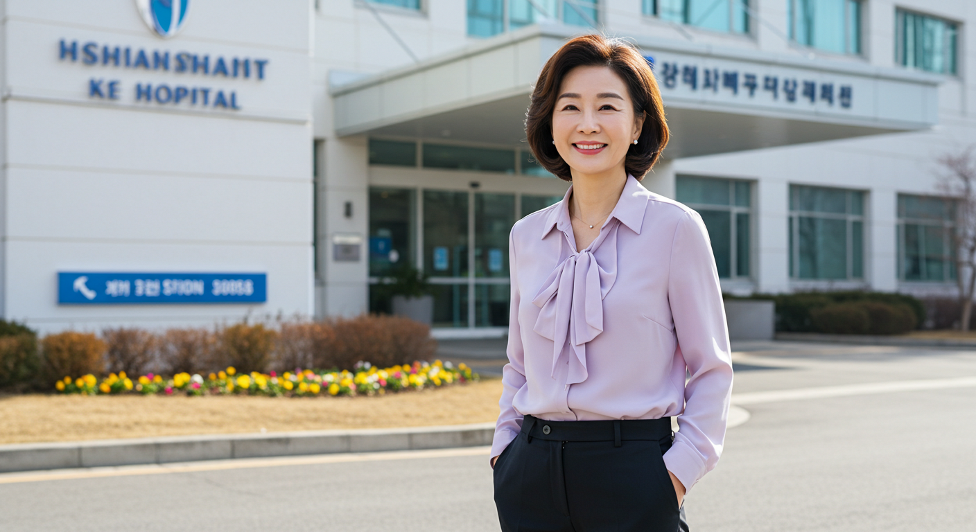 국내 병원 앞에서 미소 짓는 65세 이상 시니어 여성—독감 무료접종 일정과 병원 방문 전 체크리스트 안내를 상징하는 이미지