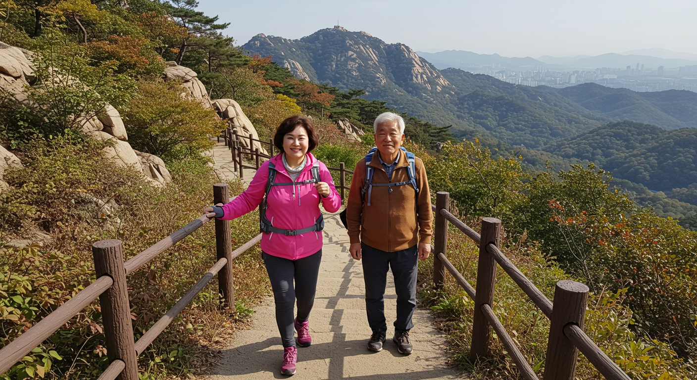 가을 산길을 걷는 65세 이상 시니어 부부—독감 무료접종 일정 안내와 병원 가기 전후 건강 관리 메시지를 전하는 이미지