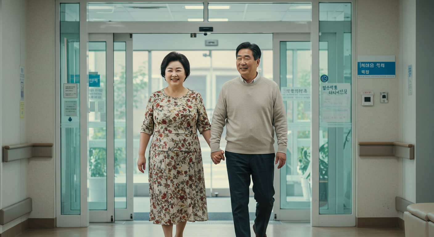 병원 입구를 나오는 65세 이상 시니어 부부—독감 무료접종 일정 확인 후 병원 방문 전·후 체크리스트 안내를 상징하는 이미지