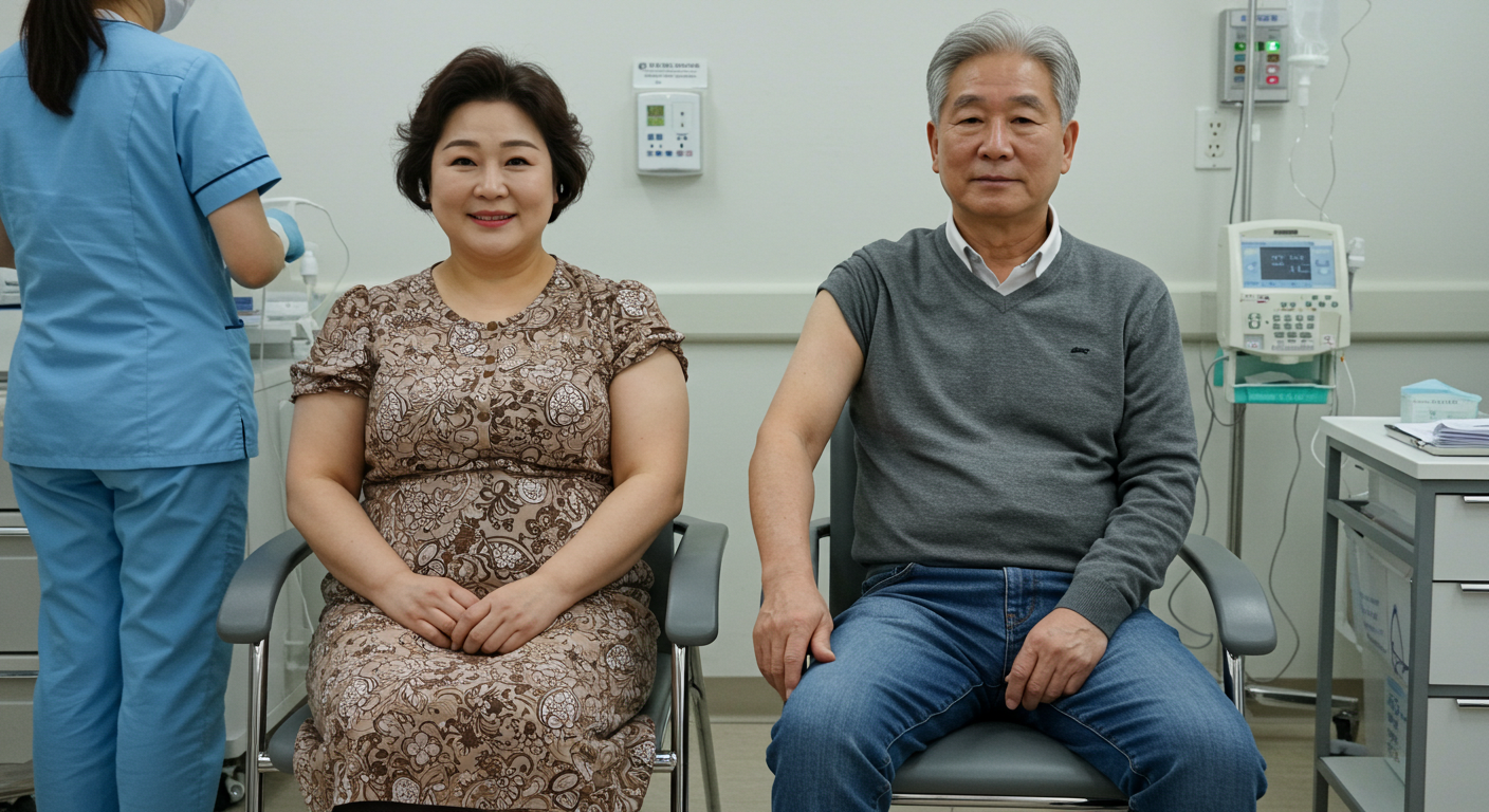 병원 진료실에서 65세 이상 시니어 부부가 독감 예방접종을 기다리는 장면—독감 무료접종 일정·대상과 병원 방문 전·후 체크리스트 안내용 이미지