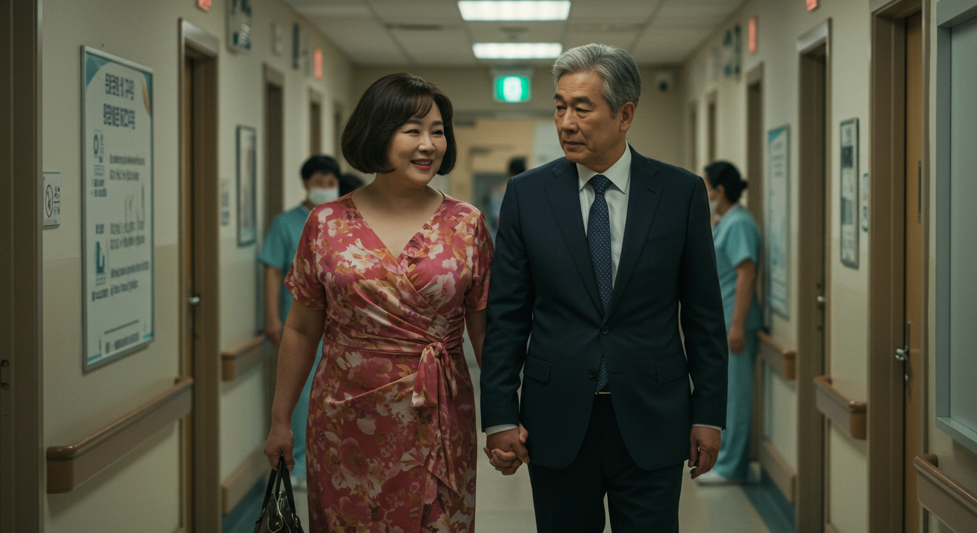 병원 복도를 걸으며 손을 잡고 이동하는 65세 이상 시니어 부부—독감 무료접종 일정 확인과 병원 방문 전 체크리스트 안내용 이미지