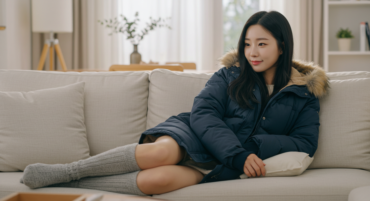 전기요금, 진짜 오르나? 15분 절약 루틴으로 난방 대비 끝 거실 소파에서 패딩 점퍼와 두꺼운 양말로 보온하는 여성—겨울 전기요금 상승에 대비한 15분 난방 절약 루틴과 실내 보온 습관을 상징하는 이미지