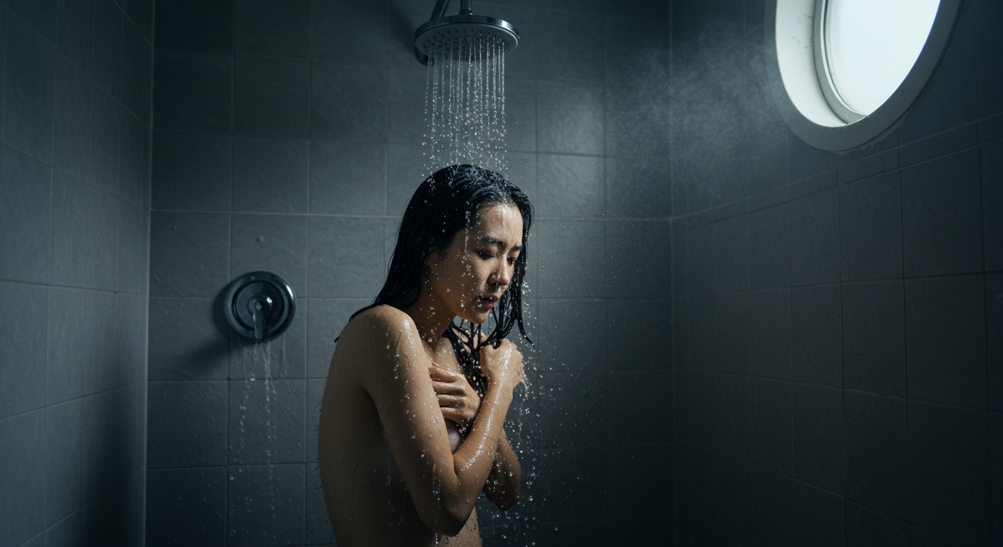 전기요금, 진짜 오르나? 15분 절약 루틴으로 난방 대비 끝 욕실에서 짧은 샤워를 하는 여성(연출 사진)—온수 사용 시간을 줄여 전기요금과 난방비를 절약하는 15분 루틴을 상징하는 이미지