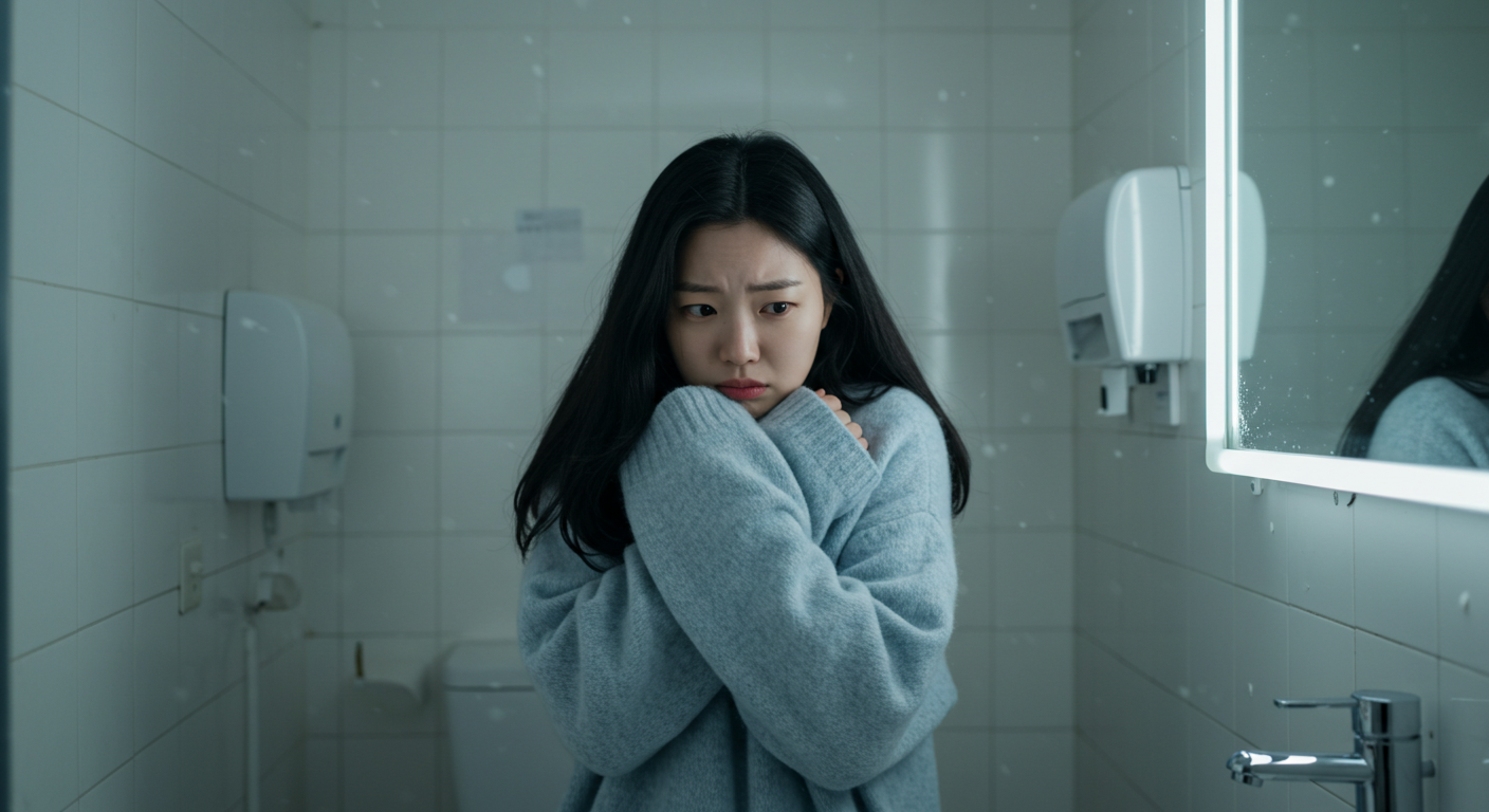 전기요금, 진짜 오르나? 15분 절약 루틴으로 난방 대비 끝 차가운 욕실에서 팔짱을 끼고 몸을 웅크린 여성—겨울 전기요금 상승에 대비한 15분 난방 절약 루틴(온수 절약·욕실 보온) 안내용 이미지