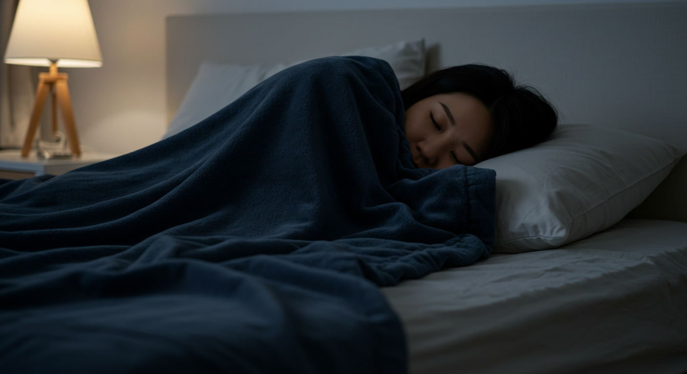 전기요금, 진짜 오르나? 15분 절약 루틴으로 난방 대비 끝 겨울 밤, 침실에서 도톰한 담요를 덮고 숙면 중인 여성—난방을 짧고 집중적으로 사용하고 잠자리는 보온으로 유지하는 15분 전기요금 절약 루틴 안내 이미지