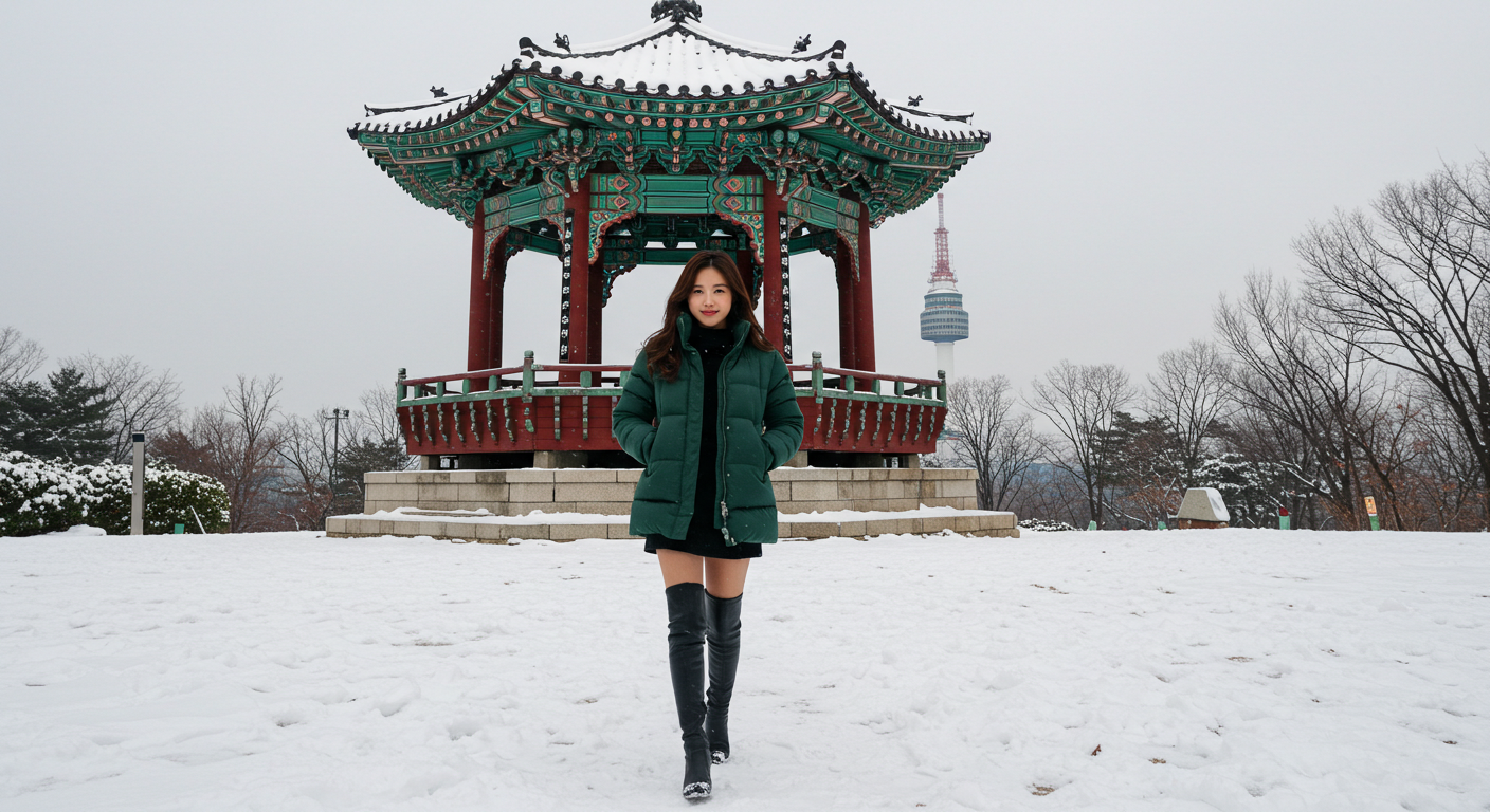 전기요금, 진짜 오르나? 15분 절약 루틴으로 난방 대비 끝 서울 남산 설경 속 전통 정자 앞을 걷는 시민—겨울 한파 대비와 15분 난방 절약 루틴(외출 시 보온, 귀가 후 짧고 집중 난방) 안내용 이미지