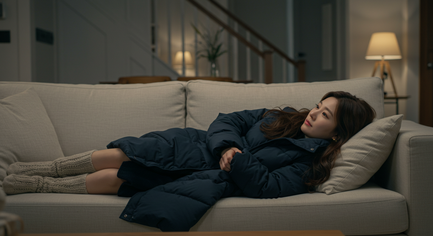 전기요금, 진짜 오르나? 15분 절약 루틴으로 난방 대비 끝 거실 소파에 누워 패딩과 두꺼운 양말로 체온을 유지하는 여성—난방을 짧고 집중적으로 사용하는 15분 전기요금 절약 루틴과 실내 보온 습관 안내 이미지
