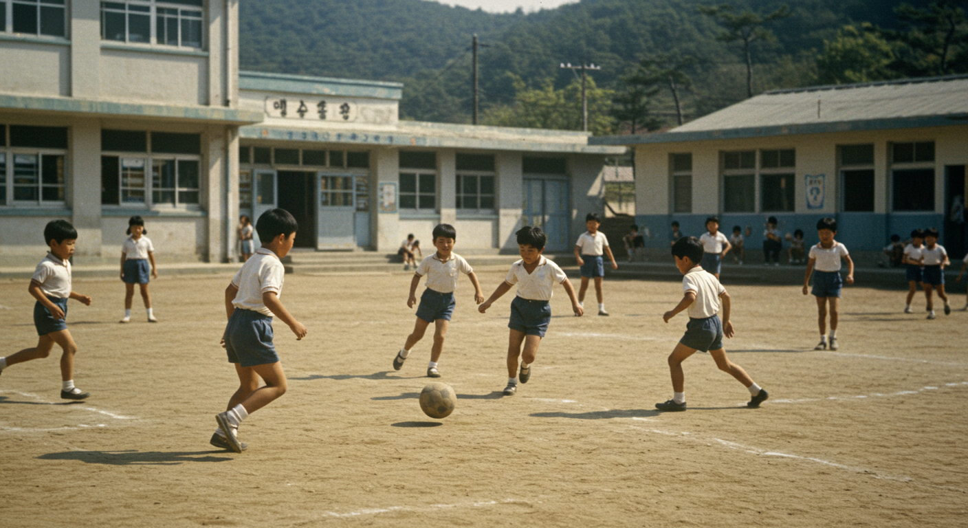 1970년대 국민학교 운동장에서 반바지 체육복을 입은 아이들이 축구를 하는 장면, 시니어 추억 회상 콘텐츠
