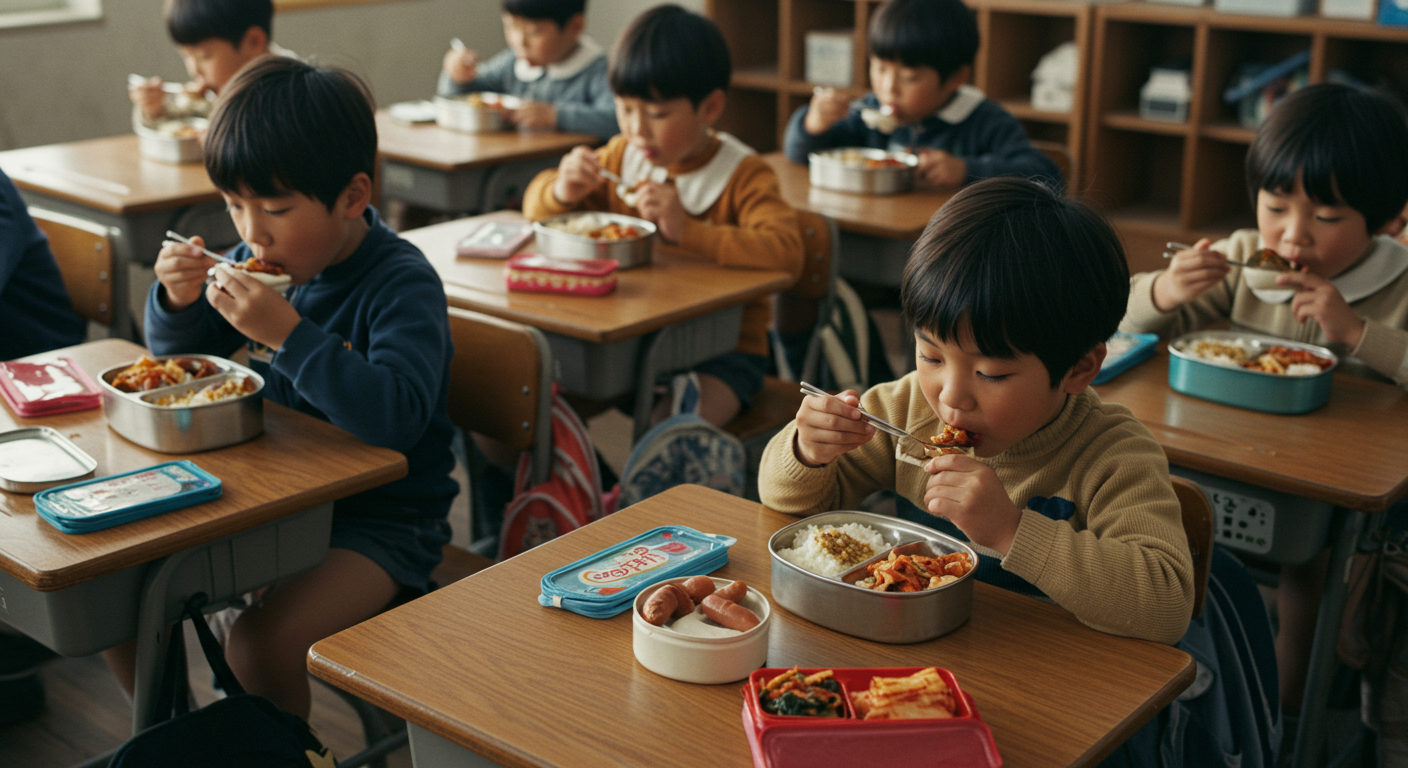 1970년대 국민학교 교실에서 아이들이 알루미늄 도시락으로 점심을 먹는 추억의 장면—시니어 레트로 감성 콘텐츠