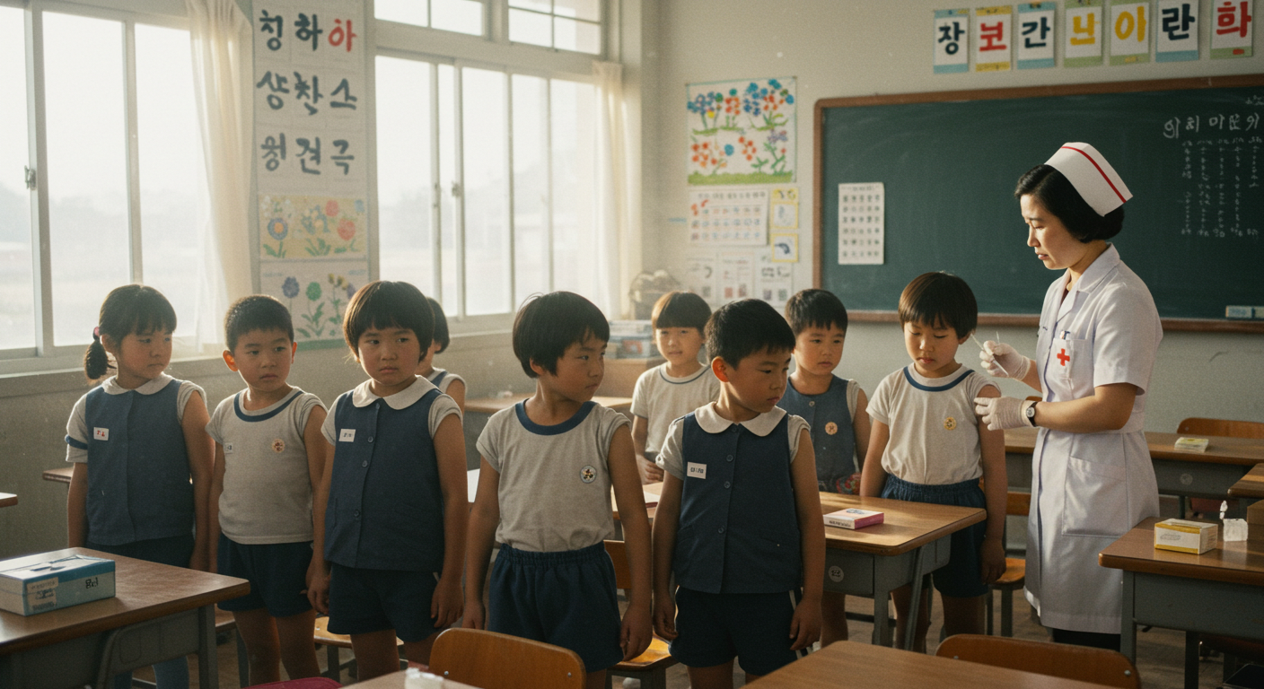 1970년대 국민학교 교실에서 간호사가 학생들에게 예방접종을 실시하고 아이들이 줄을 선 장면—시니어 추억 레트로 이미지