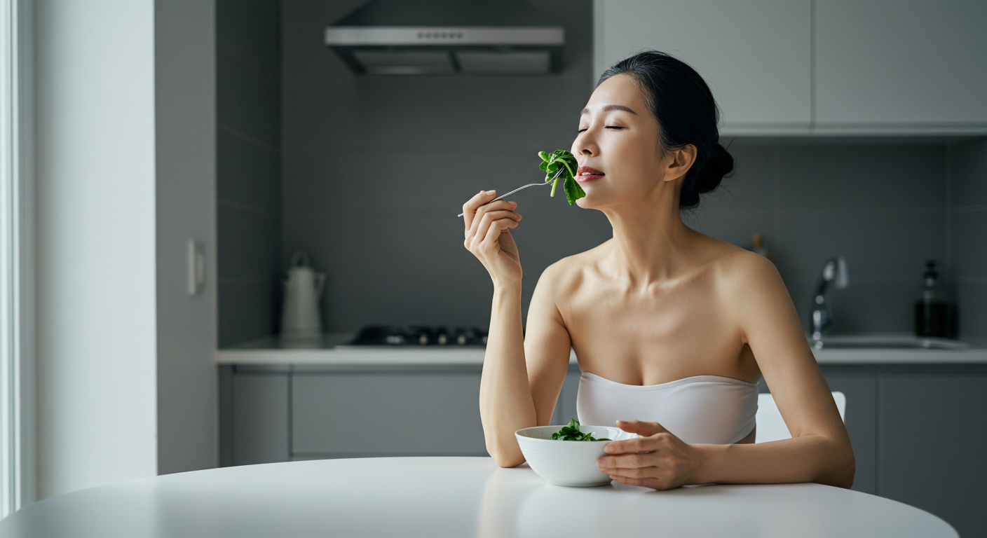 주방에서 시금치를 맛보는 여성—철분·엽산 식품인 시금치의 빈혈 예방 효과와 제대로 먹는 법을 안내하는 이미지