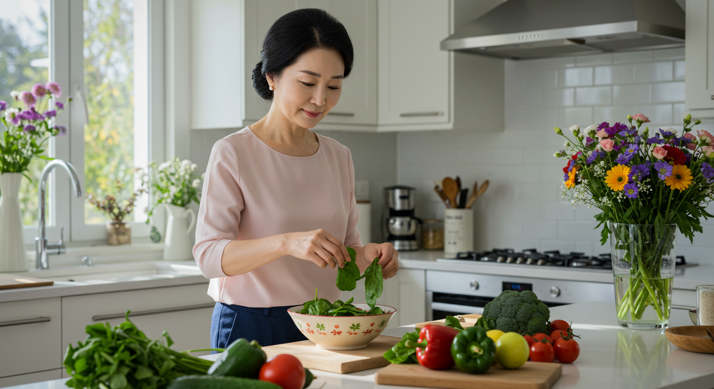 밝은 주방에서 시금치 샐러드를 준비하는 중년 여성—철분·엽산이 풍부한 시금치의 빈혈 예방 효과와 비타민C 재료와 함께 먹는 법 안내