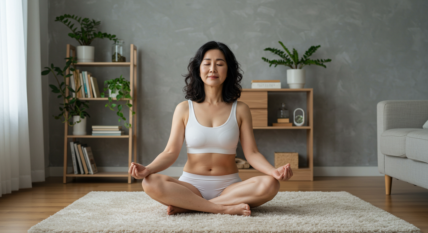 서양 철학자들이 전하는 노년의 현명한 삶: 나이 드는 것이 축복인 이유 거실 러그 위에서 가부좌로 앉아 눈을 감고 호흡 명상을 하는 중년 여성의 평온한 모습. 서양 철학자들이 말한 절제와 성찰, 노년의 현명한 삶과 나이 드는 것이 축복이라는 주제를 시각적으로 보여 줍니다