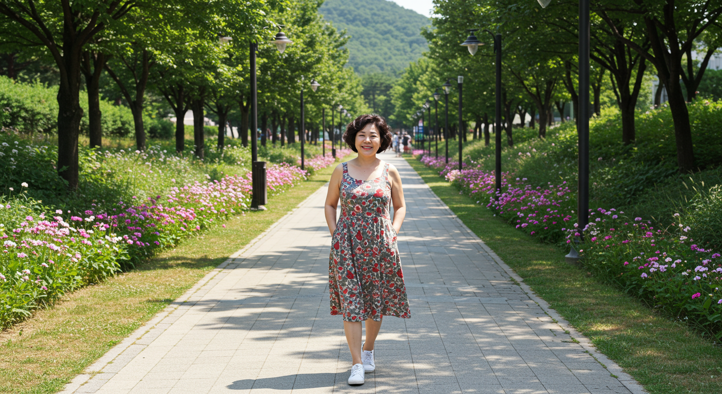 서양 철학자들이 전하는 노년의 현명한 삶: 나이 드는 것이 축복인 이유 푸른 가로수와 꽃길이 이어진 공원 산책로를 밝은 미소로 걷는 시니어 여성의 모습. 일상의 산책 루틴이 노년의 현명한 삶과 나이 드는 것이 축복이라는 주제를 상징적으로 보여 줍니다