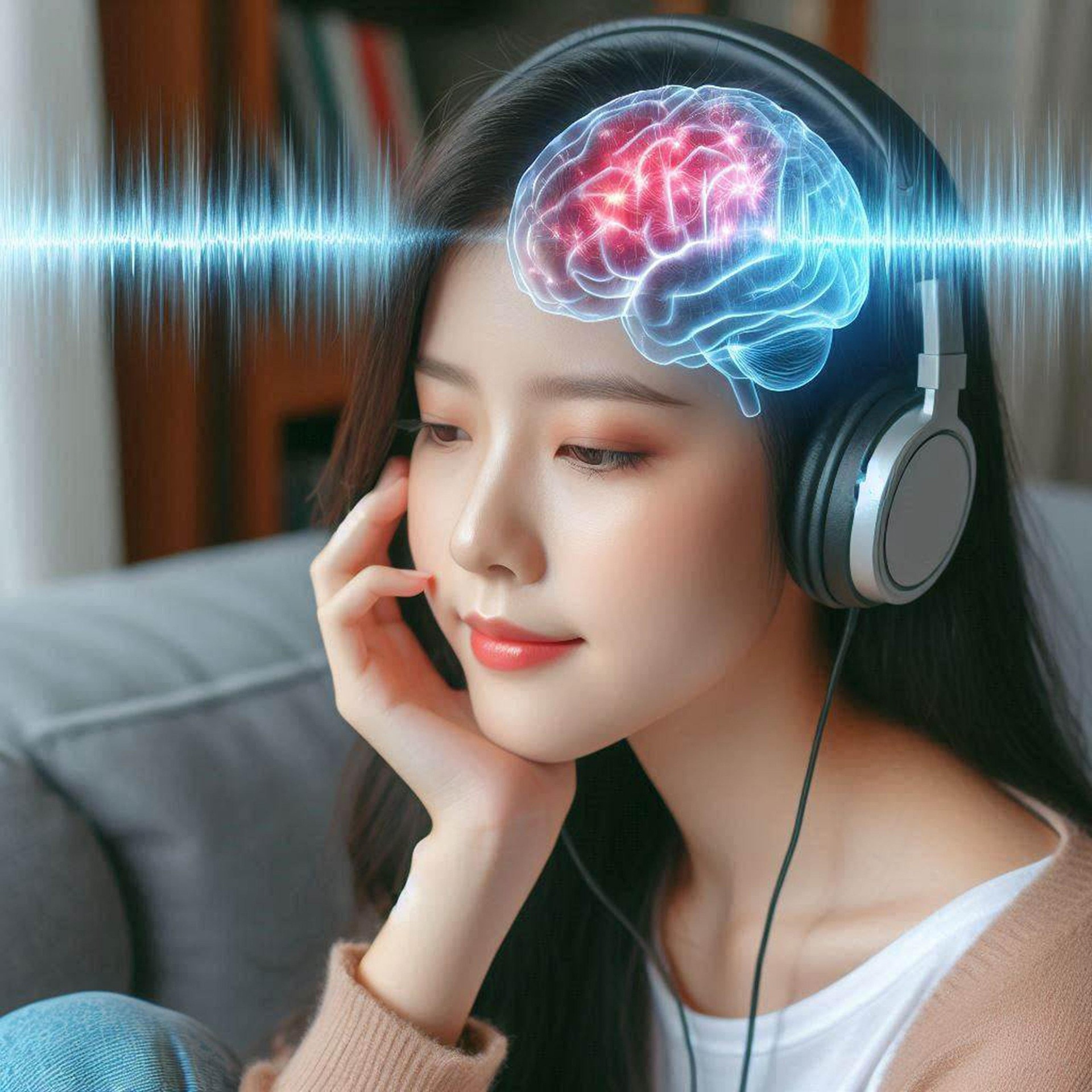 옴니버스 영화·드라마 제작 가이드 — 헤드폰을 쓴 인물과 뇌파·음파 그래픽이 겹쳐진 합성 장면으로, 에피소드별 분위기를 사운드 디자인과 편집 모티프로 연결하는 콘셉트