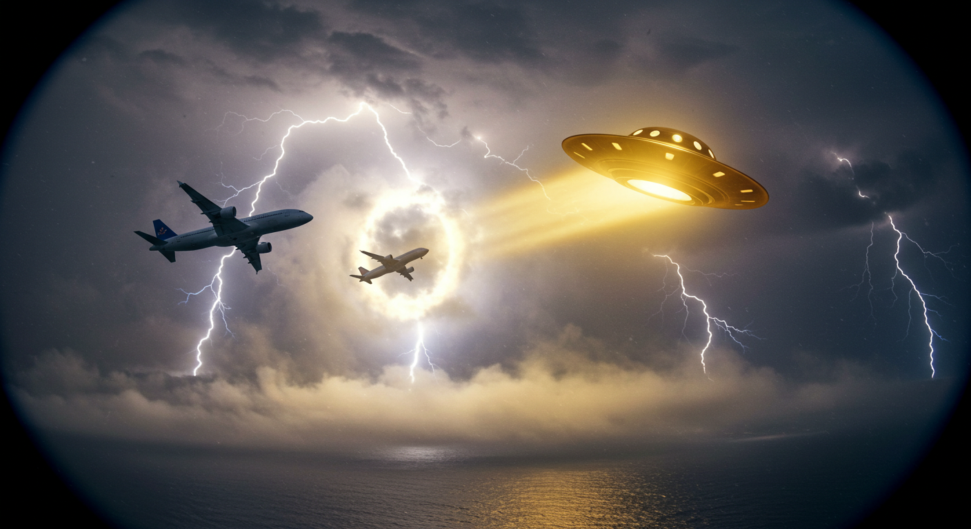 버뮤다 삼각지대 미스터리 이미지 — 구름 위 소용돌이와 번개, 빛나는 미확인비행체(UFO)와 항공기들이 함께 포착된 장면으로 버뮤다 삼각지대 전설을 시각적으로 보완합니다.