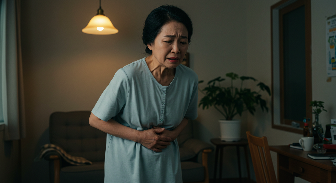 복통으로 고통받는 중년 여성, 초고령사회 의료비 부담 증가를 보여주는 이미지