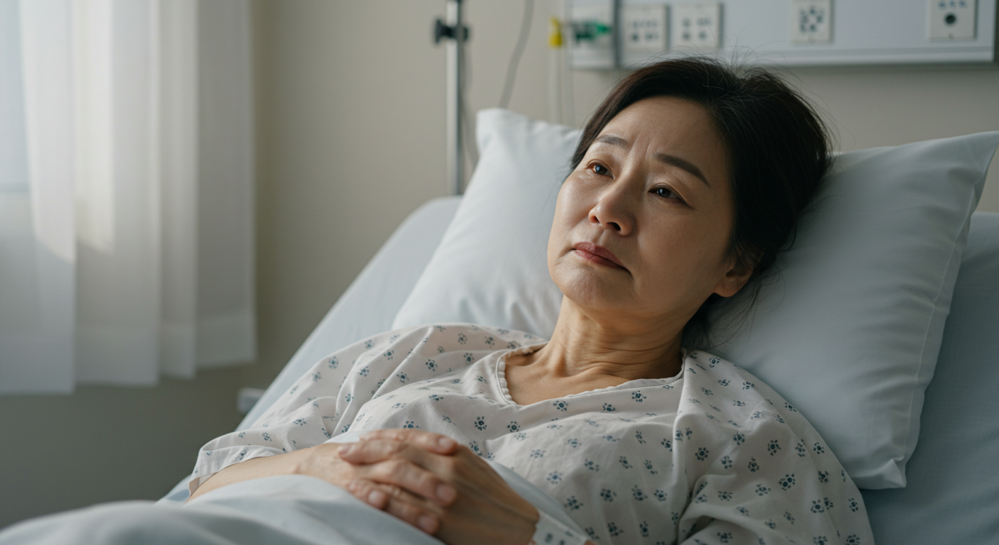 병원 병실에 입원한 중년 여성, 초고령사회 의료비 급증과 건강보험 부담을 나타내는 이미지