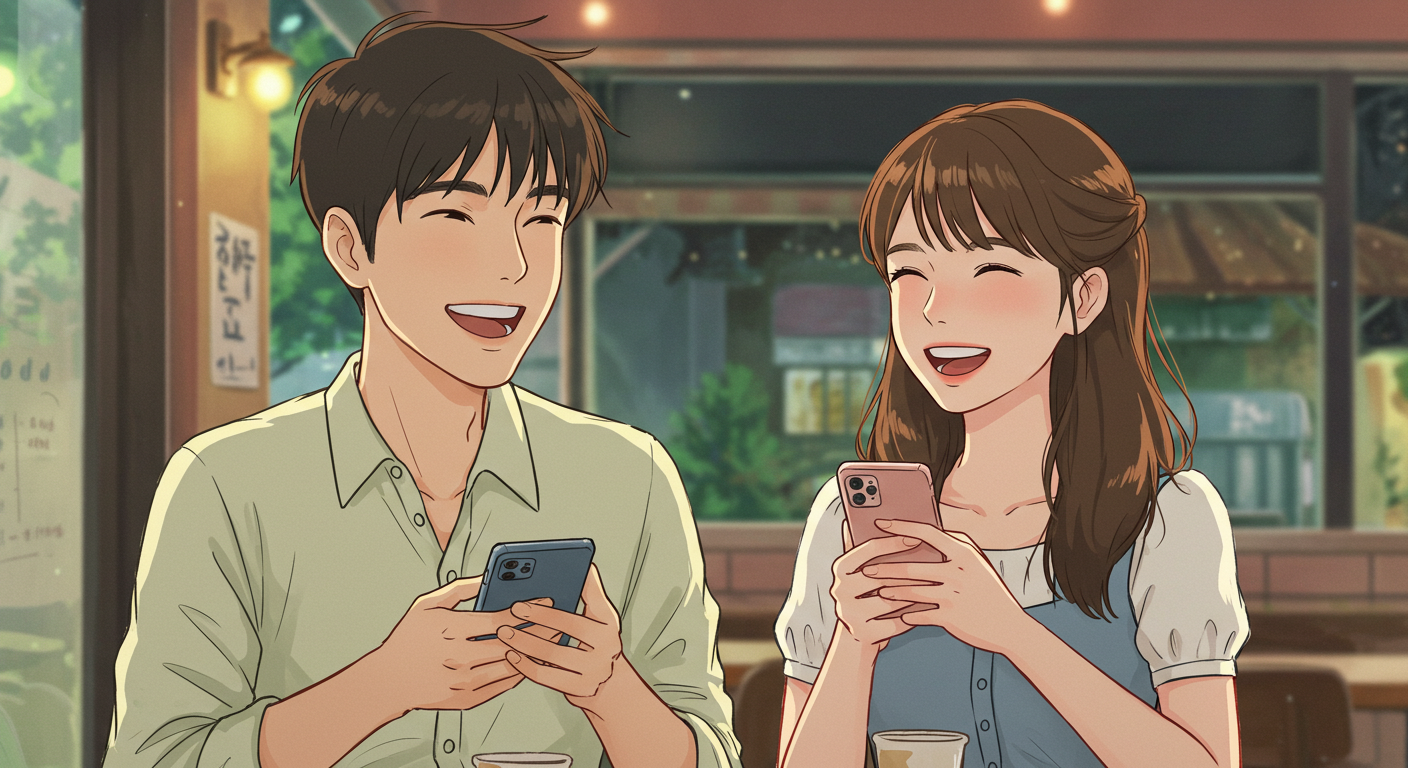 카페에서 스마트폰으로 폴더소비를 하고 있는 Z세대 남녀의 모습