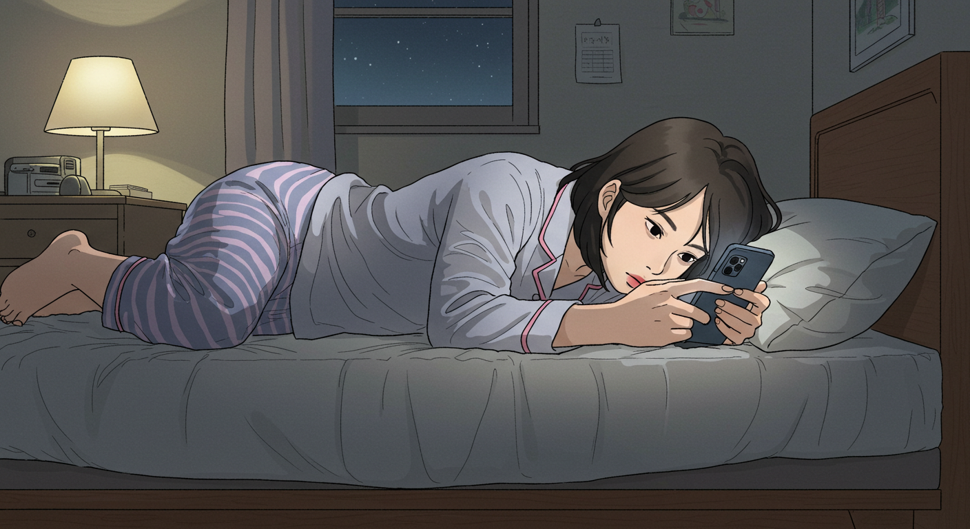 침실 침대에 누워서 스마트폰으로 콘텐츠를 저장하고 있는 여성