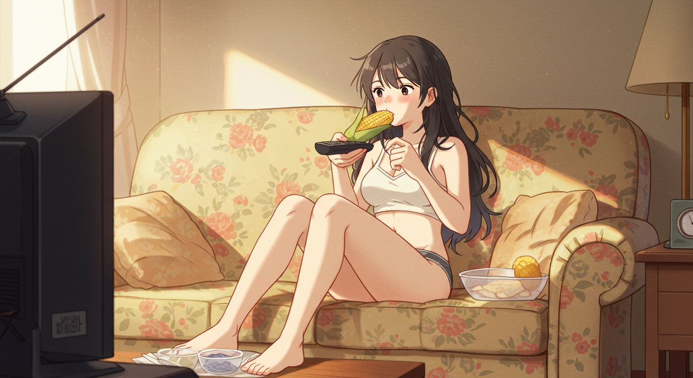 옥수수를 맛있게 먹고 있는 모습을 보여주는 여름철 간식과 자웅동주 식물의 결실