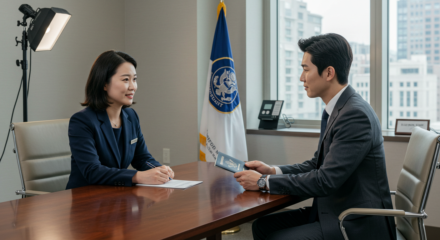 미국 비자 H-1B 면접·서류 준비 장면 - 여권 제출 및 상담 이미지