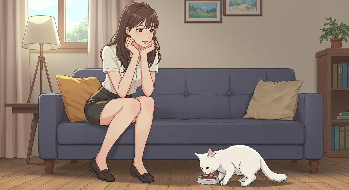 사료를 먹고 있는 흰 고양이와 지켜보는 집사, 고양이 미각과 식습관 설명 이미지