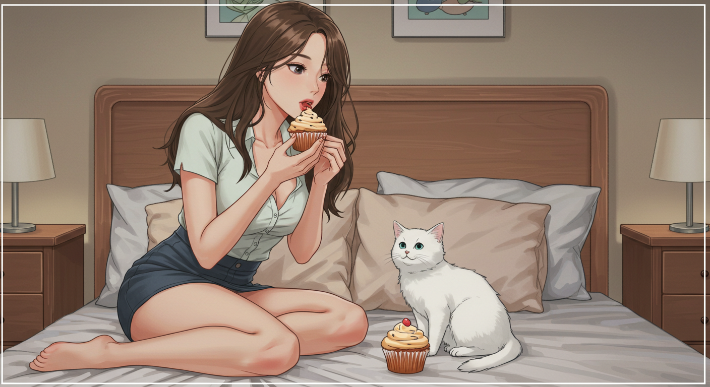 컵케이크를 먹는 집사와 옆에 앉아있는 흰 고양이, 고양이가 단맛을 느끼지 못하는 이유를 보여주는 이미지