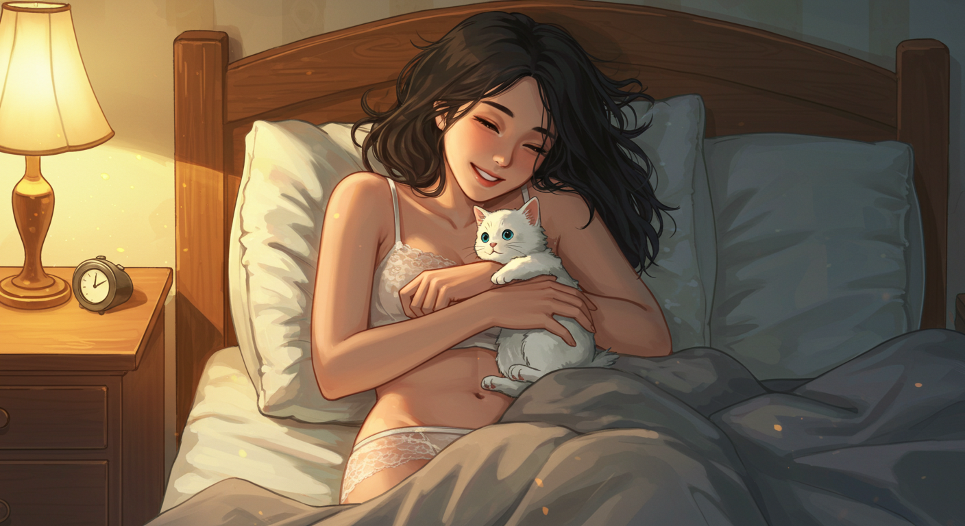 침대에서 고양이를 안고 행복해하는 집사, 고양이와 교감하는 따뜻한 모습