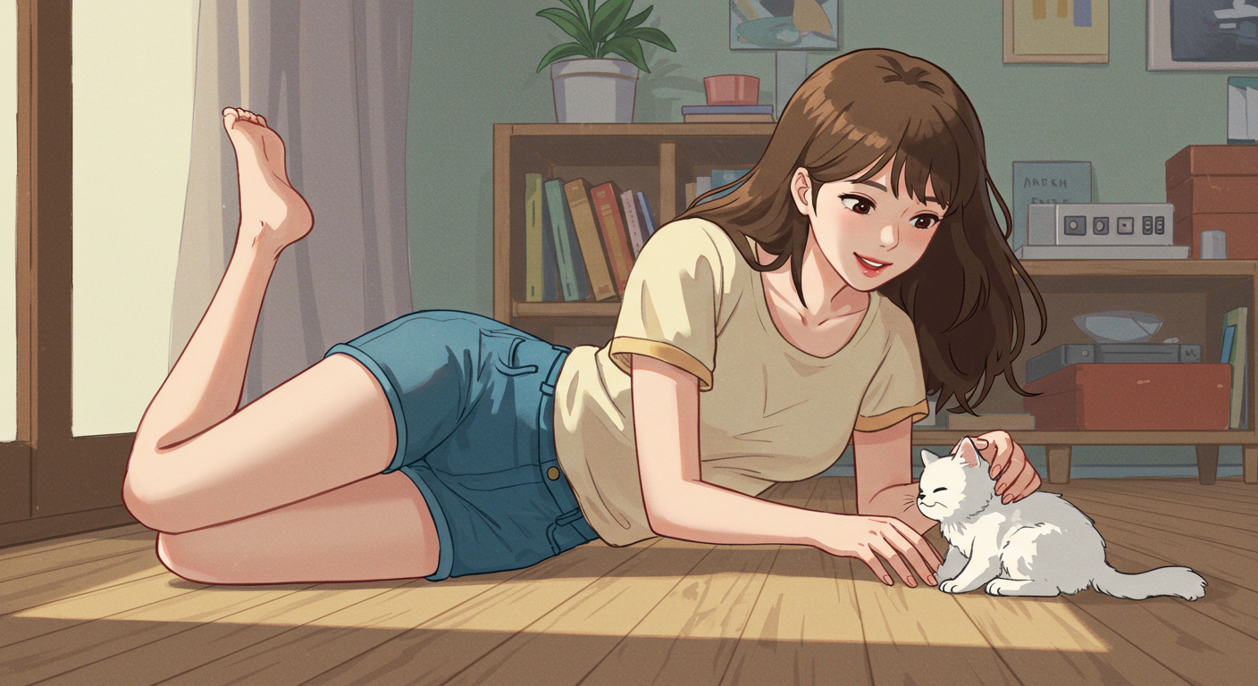 바닥에 누워 고양이를 쓰다듬는 집사, 고양이와 교감하며 사랑을 나누는 모습