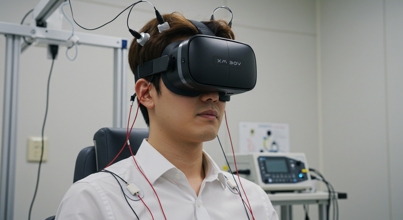 VR 헤드셋과 전기 자극 장비를 착용하고 맛 실험을 하는 연구 참가자, 브레인 해킹 기술 연구 장면