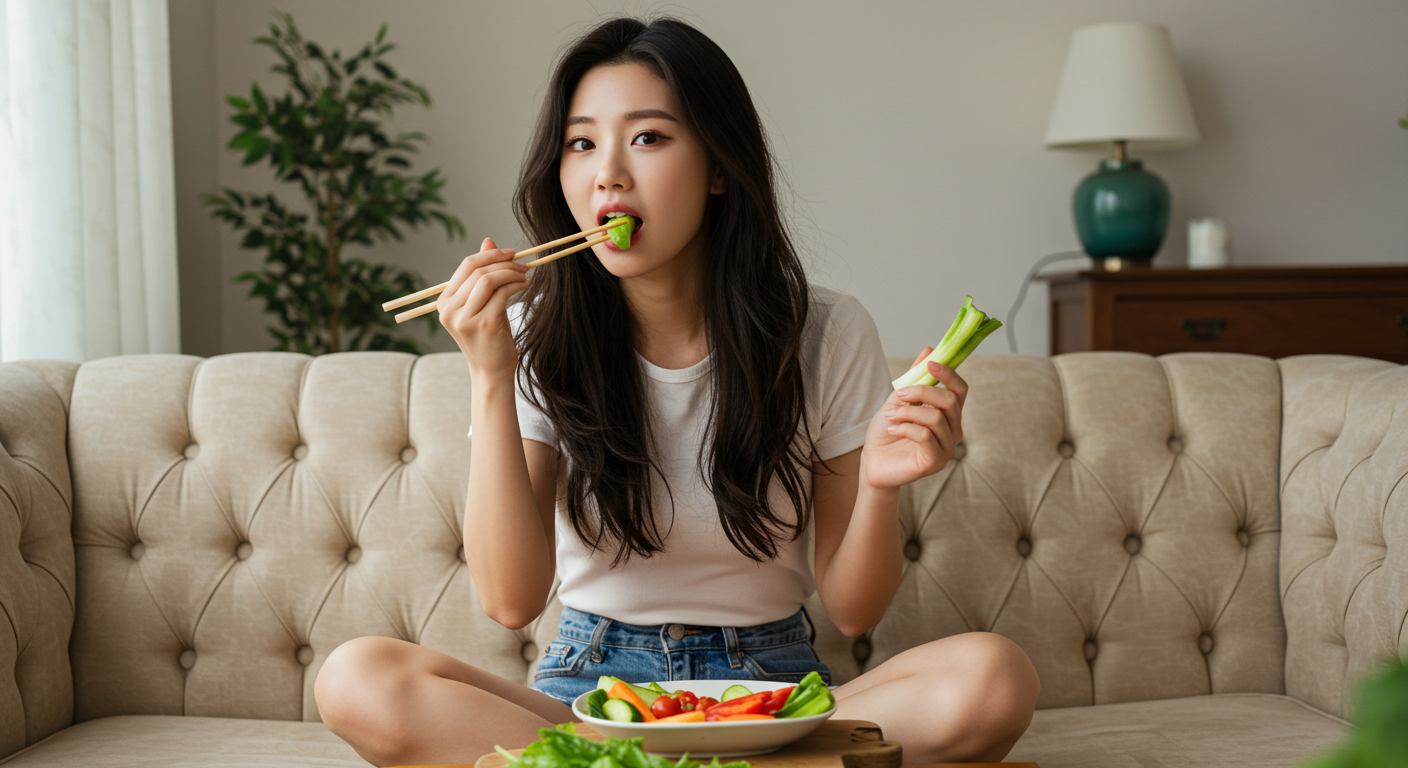 젓가락으로 신선한 채소를 먹는 모습, 전기 자극 젓가락 기술과 건강한 식습관 이미지