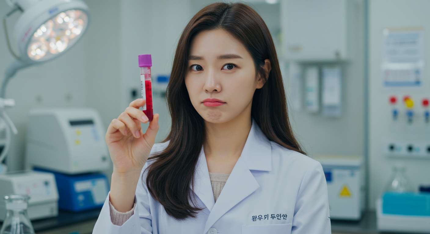 혈액형과 성격의 상관관계를 과학적으로 연구하는 의료진이 혈액 샘플을 들고 의아해하는 모습