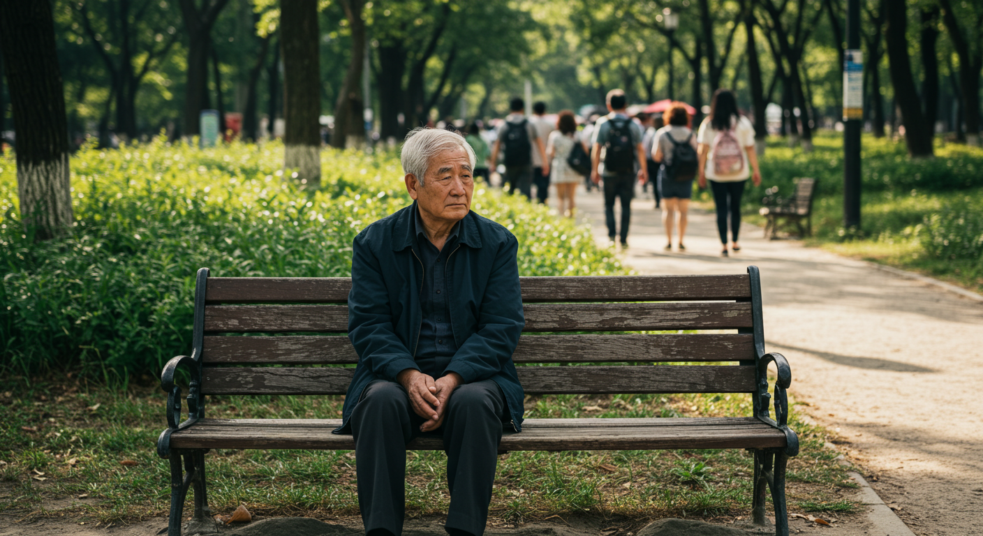 공원 벤치에 혼자 앉아 생각에 잠긴 은퇴한 고령자 - 은퇴 후 후회와 외로움을 느끼는 한국 노인의 모습