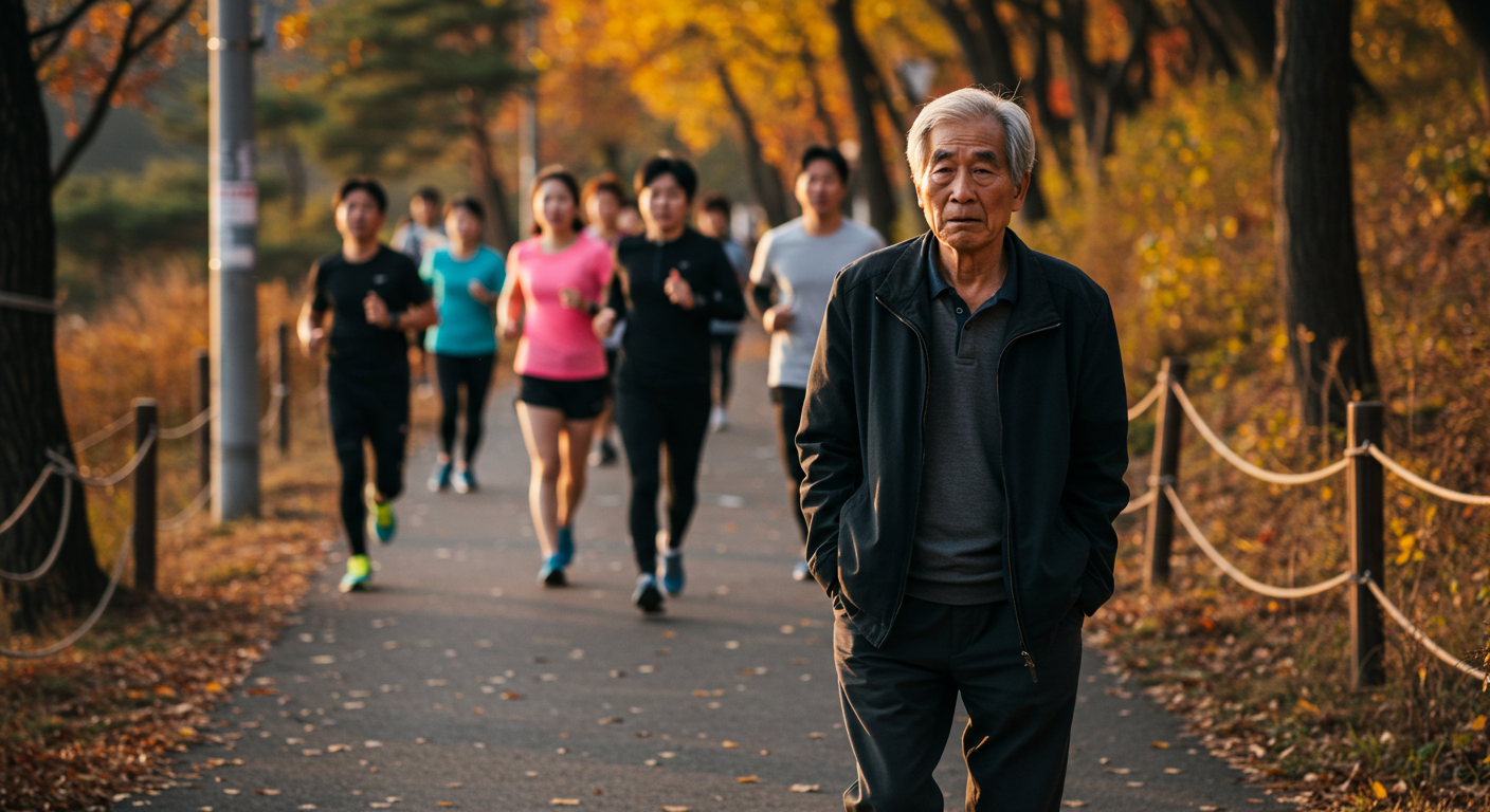 조깅하는 사람들을 뒤에서 바라보는 은퇴한 고령자 - 건강 관리 소홀로 인해 활동에 참여하지 못하는 현실적 어려움