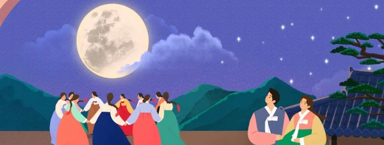 추석 한가위 보름달 아래 한복 입은 가족들이 모여 전통 놀이를 즐기는 모습, 우리나라 전통 명절 문화