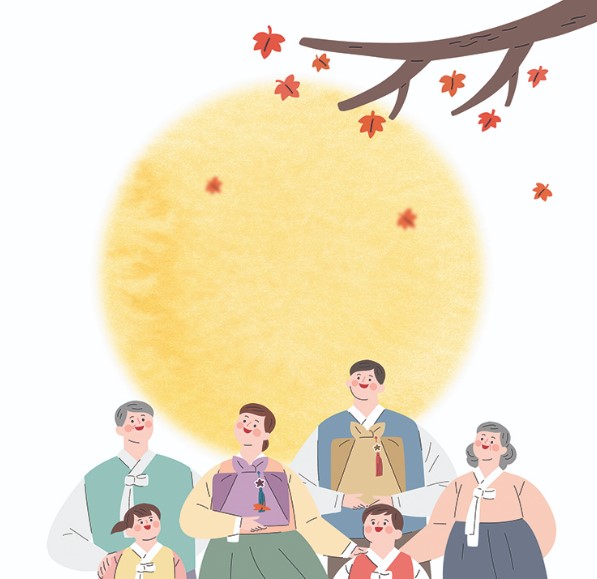 추석 한가위 보름달 아래 한복 입은 3대 가족이 모여 있는 모습, 단풍잎과 함께하는 따뜻한 명절 풍경