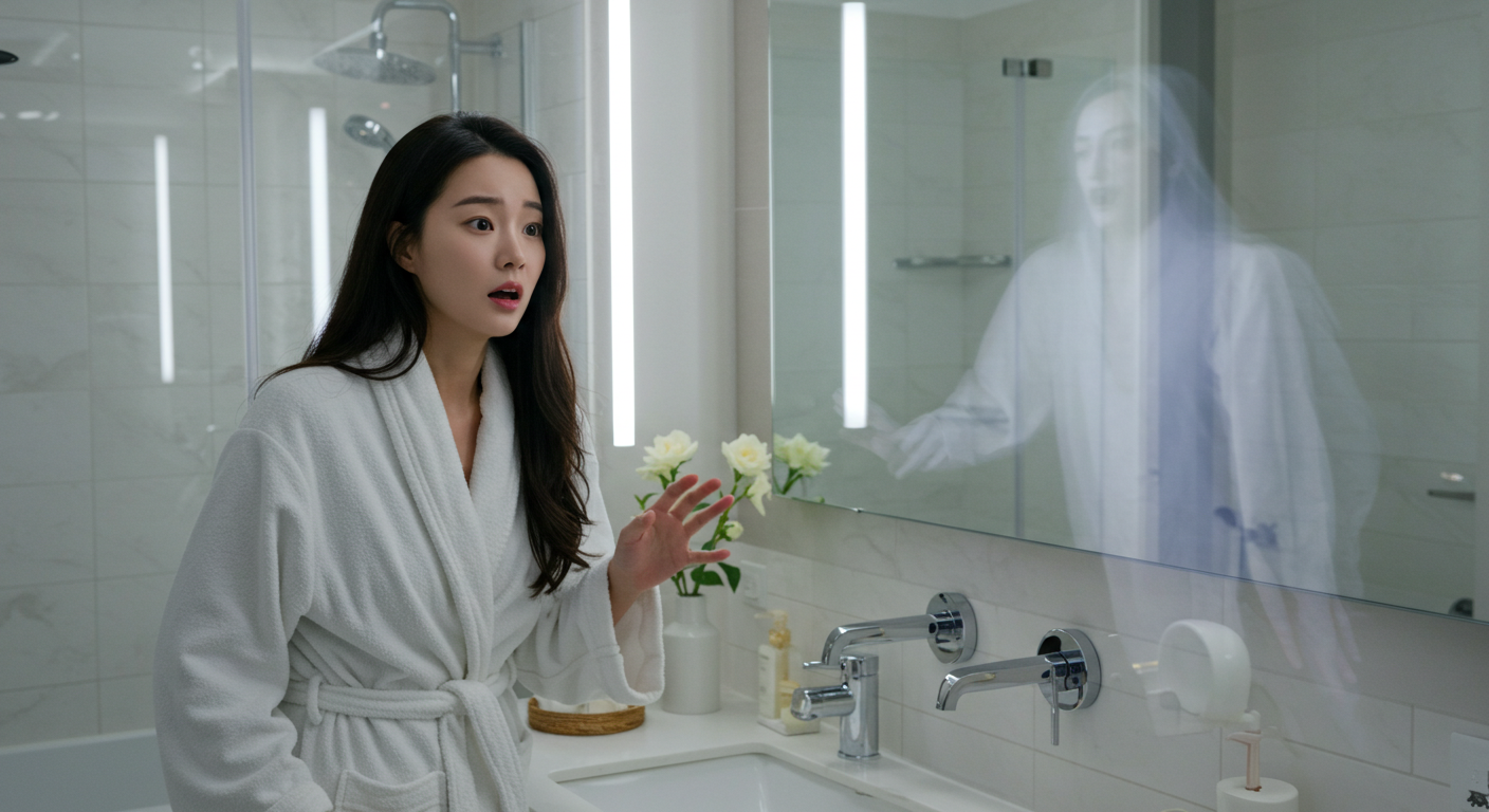 욕실 거울 속에 희미하게 보이는 유령 같은 형상과 놀란 여성, 거울 미신과 초자연 현상을 표현한 이미지