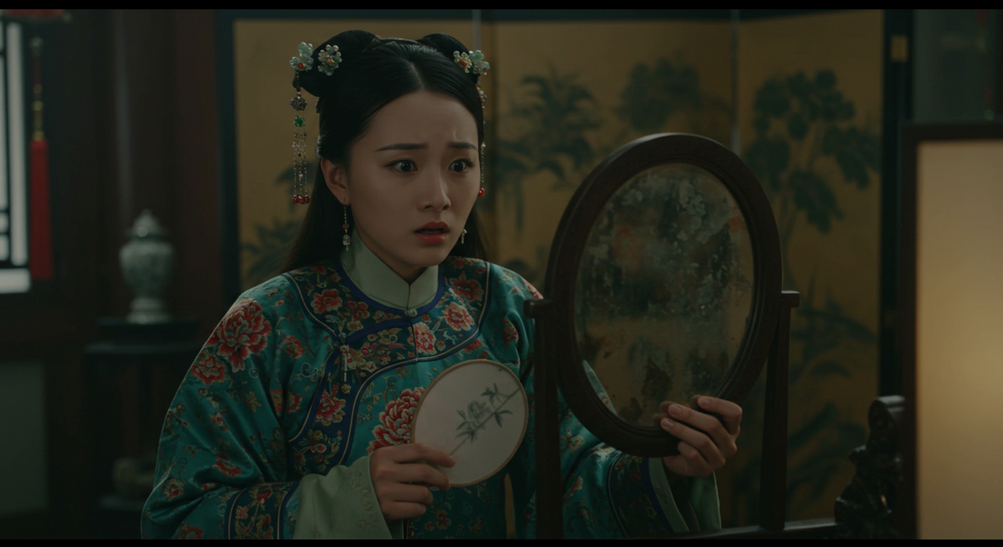 청나라 전통 의상을 입은 여성이 손거울을 들고 있는 모습, 동양 문화권의 거울 미신과 전통을 보여주는 장면
