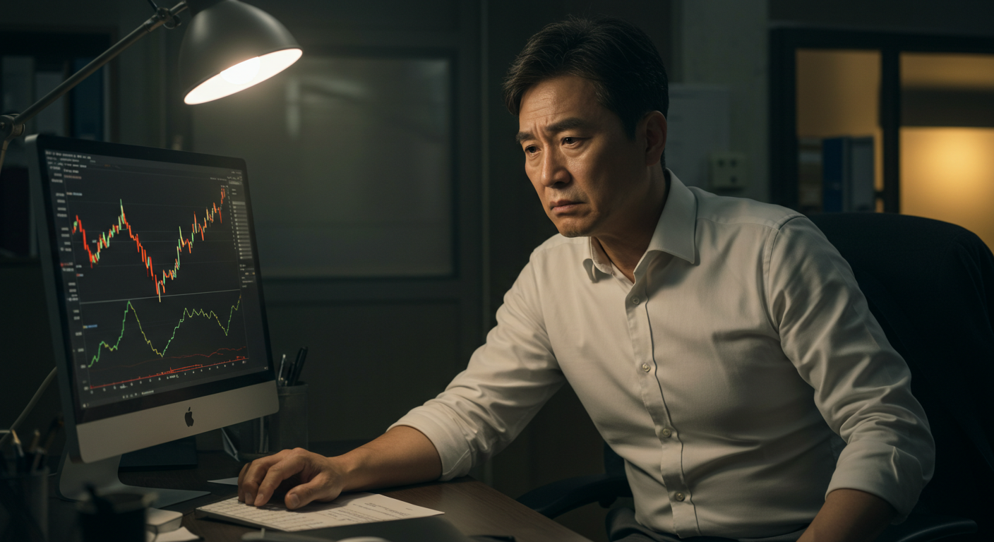 한국 주식시장 박스권 패턴을 분석하는 개인투자자의 모습, 코스피 차트와 투자 전략 연구